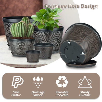 Quarut 10 Inch Flower Pots for Outdoor Indoor, 3 Pack Plastic Plant Pots with Drainage Hole & Tray, Modern Decorative Garden Pot with Saucer, planters for House (Brown)