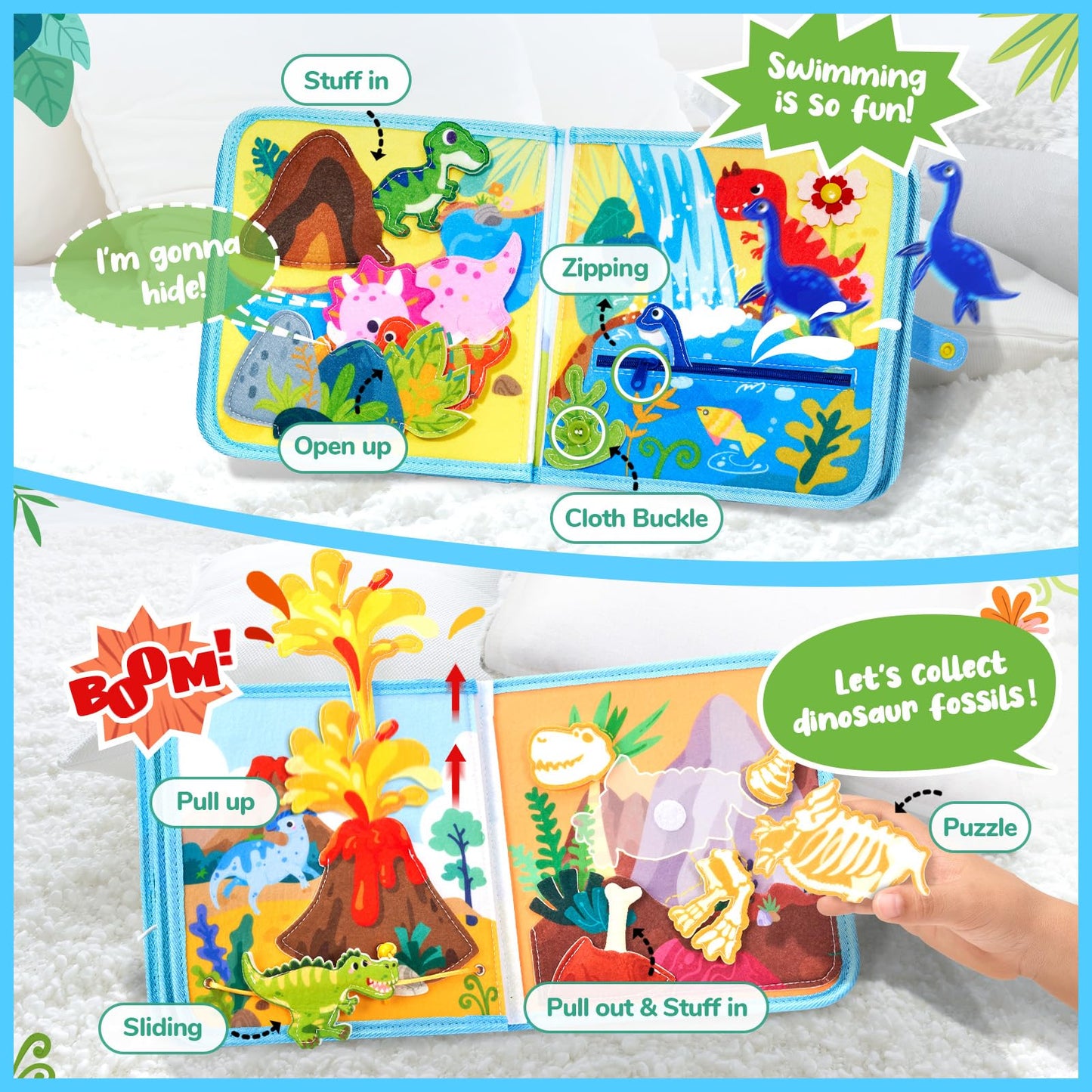 JoyCat Dinosaur Toddler Busy Book, Busy Board for 2 3 4 5 Year Old -Travel Toy Quiet Activity Book, Life Skills & Fun Games - Autism Sensory Toy, Toddler Easter Basket Stuffers Gifts