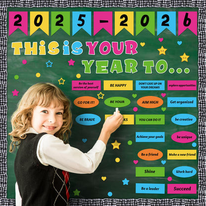 Feifeiya 81 Pcs This is Your Year Bulletin Board Set Classroom Bulletin Board Decor Back to School Inspirational Cutouts with White Black Burlap Border for School Office Chalkboard Wall Decor