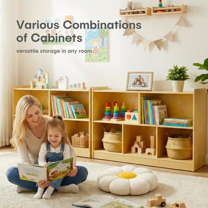 STEPLAY Montessori Shelf, Wooden Toy Storage Organizer with 2-Tier Shelf & 5-Section Storage Cabinet, Kids Bookshelf/Bookcase for Toddler Playroom, Nursery, Classroom(Natural)