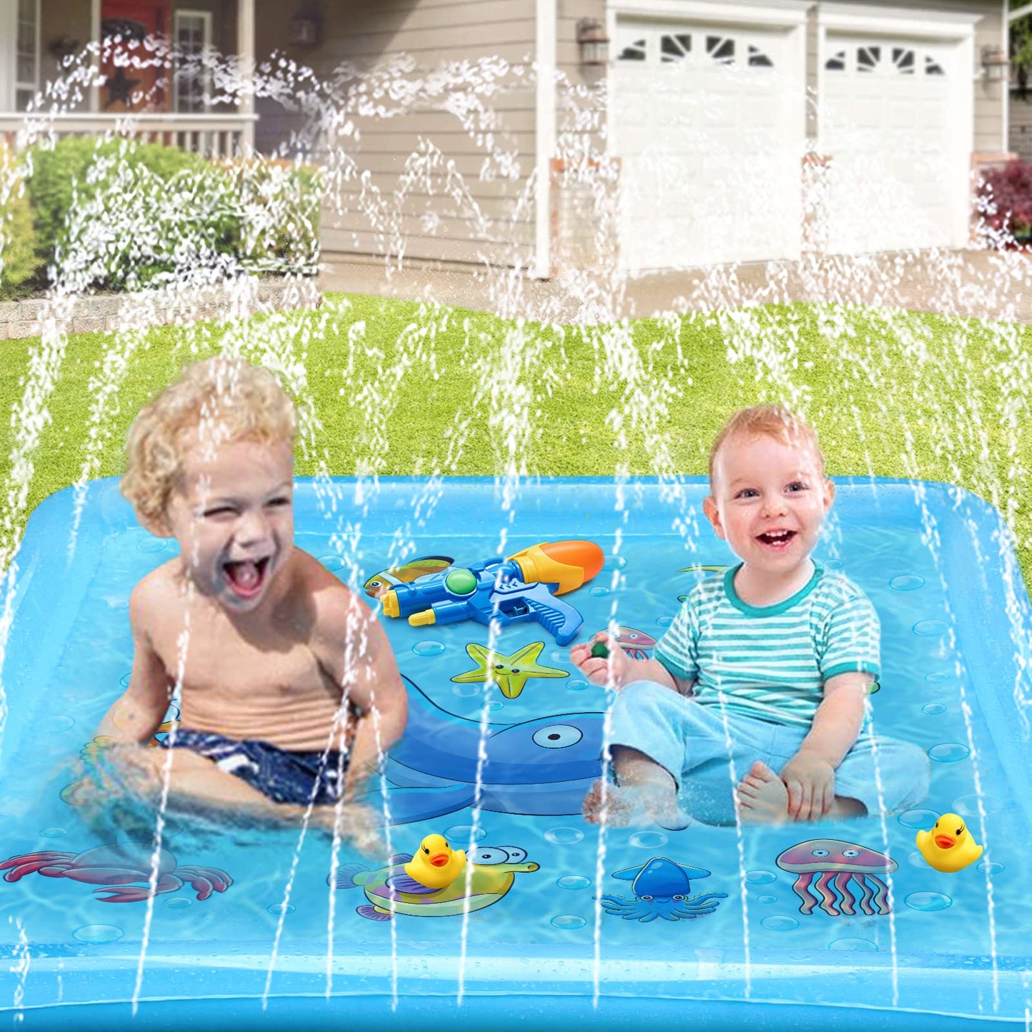 Growsland Splash Pad for Toddlers, Outdoor Sprinkler for Kids, 67" Summer Water Toys Inflatable Wading Baby Pool Fun Gifts for 3 4 5 6 7 8 9 Years Old Boy Girl Backyard Garden Lawn Outdoor Games