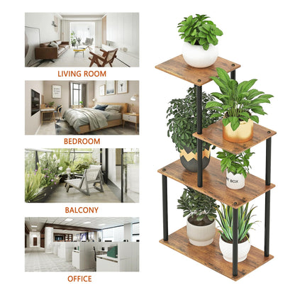 yeavs Plant Stand Indoor, 4-Tier Plant Shelf Multiple Metal Wood Flower Pot Holder for Living Room Office Balcony Patio, Rustic Brown