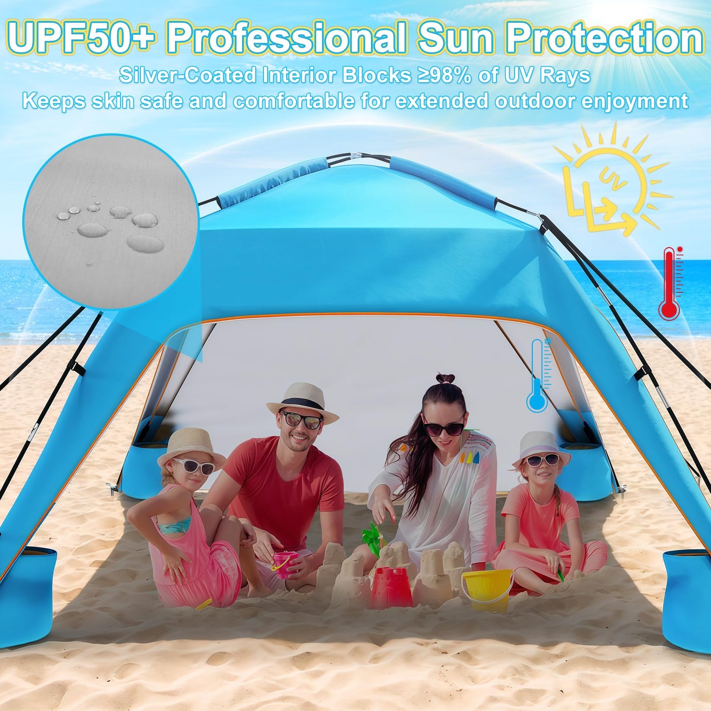 Beach Tent Sun Shelter for 6-8 Person, Beach Sun Shelter with UPF50+ UV Protection, Lightweight Beach Canopy, with Vent-to-Privacy Roll Curtain, Portable Shade Tent for Beach Camping Fishing