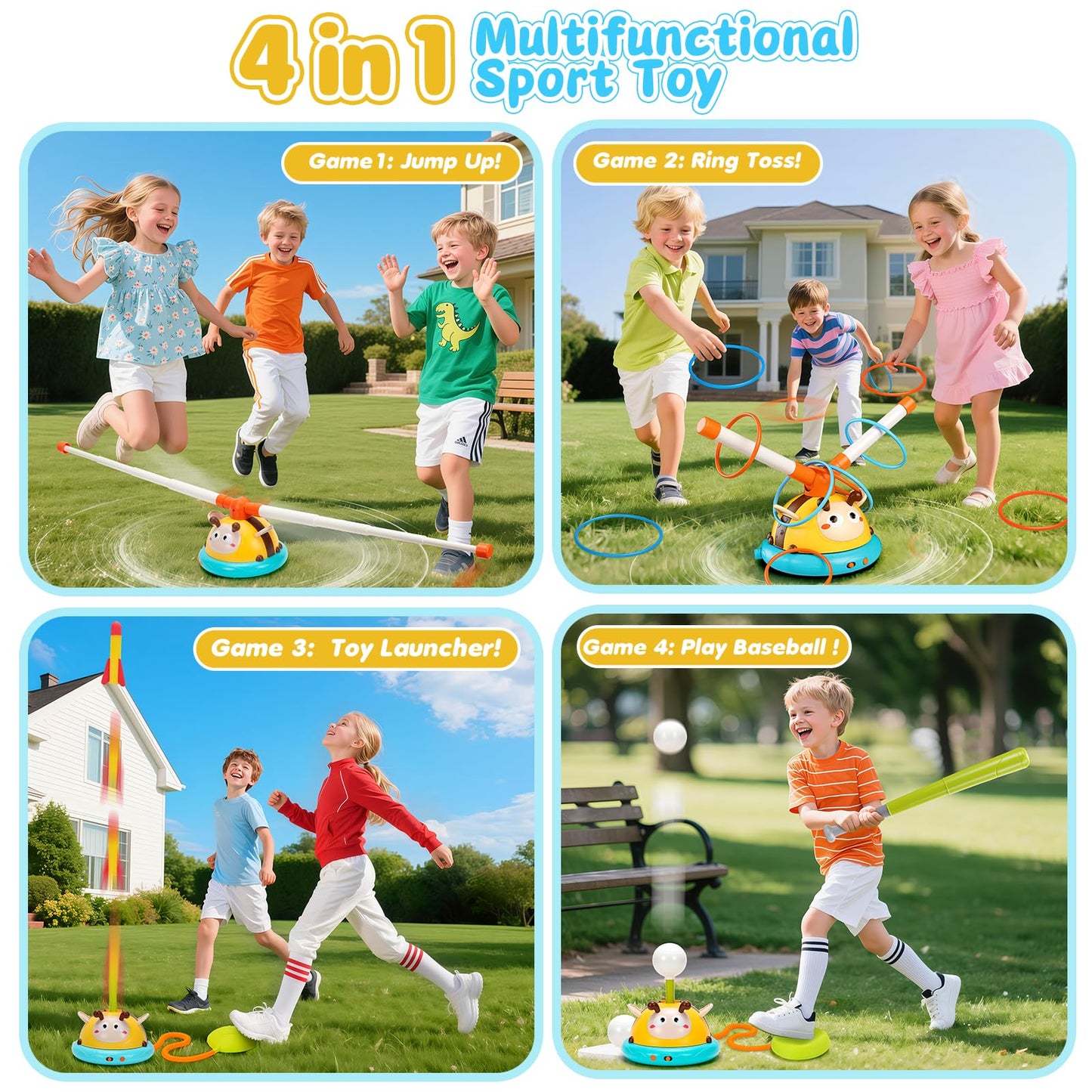 Birebebys Outdoor Toys for Kids 4-8, 4-in-1 Musical Jump Toy, Toss Ring & Baseball Game, Indside Outside Active Play Sports Toy for Toddlers Ages 3-5, for Boys Girls 3 4 5 6 7 8
