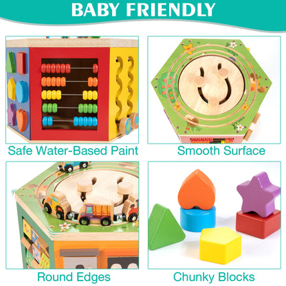 Large Activity Cube, 9-in-1 Farm-Themed Wooden Play Center, Multipurpose Montessori Toy for 1-2 Year Old Baby Toddler Kid, First Birthday Gift | Bonus Magnetic Train Cars