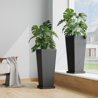 seethmi Tall Planters for Outdoor Plants Set of 2, 23.6" Large Taper Flower Plant Pots with Drainage Hole and Drainage Trays, Weather-Resistant Plastic planters for Patio, Porch, Garden, Black