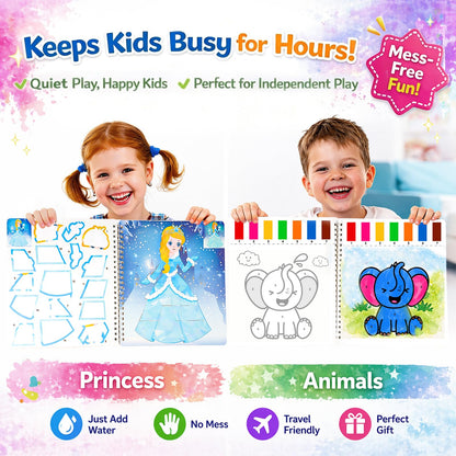 Water Coloring Books for Kids Ages 4-10, 2 Pack Paint by Sticker Activity Book, 20 Designs, Mess-Free Coloring with Built-in Paint & Brush, Travel Toys Gift