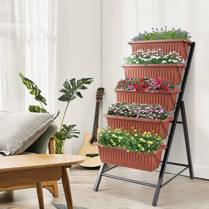 Suyncll 2 Pack Vertical Raised Garden Bed, 5 Tiers Elevated Planter Box with Drainage System and 4 Hooks, 4FT Vertical Planter for Herbs Vegetables Flowers, Dark Red