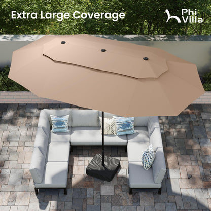 PHI VILLA 15ft Large Patio Umbrellas with Base Included, 2-Tier Outdoor Double-Sided Rectangle Market Umbrella with Stand, Outside Umbrellas for Poolside Lawn Backyard, Beige