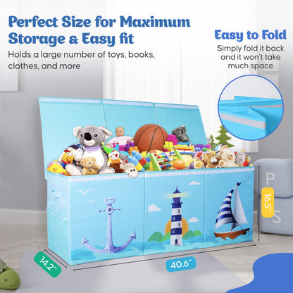 Rossoff Extra Large Collapsible Sturdy Toy Storage Organizer with Lids, Ocean Theme Toy Box for Boys & Girls, 40"x16"x16", Modern, Blue