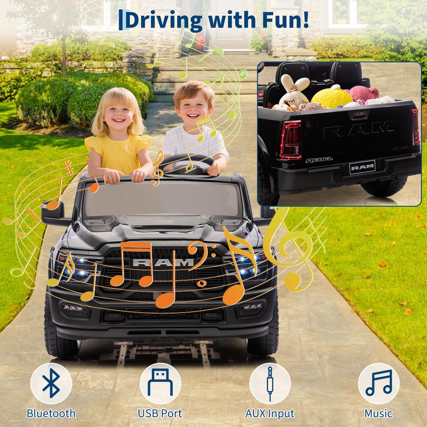 24V Ride on Car for Big Kids Licensed RAM 2500, 24v Ride on Truck w/Remote Control, Toddler Ride on Toys w/Bluetooth, Spacious Truck Bed, 3 Speed, LED Lights, Suspension, Gifts for Boys Girls, Black
