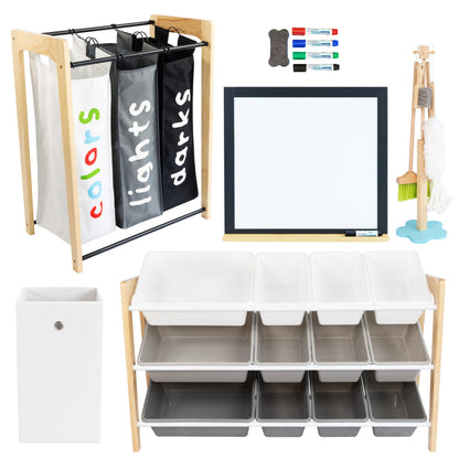 Humble Crew Kids Toy Storage Organizer with Bins, Laundry Hamper & Cleaning Set, Playroom Organization System with Whiteboard & Accessories