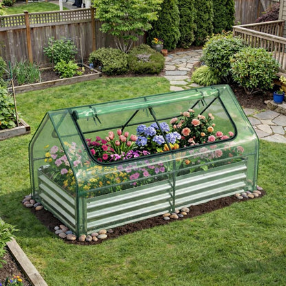 Giantex 3-in-1 Metal Raised Garden Bed with Greenhouse Cover, 6x3x3 FT Metal Elevated Outdoor Planter Box with Roll-Up Windows, Open Base Grow Box for Vegetables, Flowers and Herbs, Green