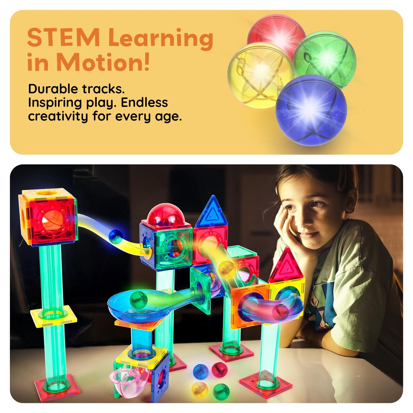 PicassoTiles Motion Activated Marbles 4pc LED Light-Up Glow in The Dark Translucent Balls for Marble Run Race Racetrack Maze Magnetic Construction Magnet Tiles Building Block STEM Education Kids Toys
