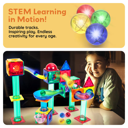 PicassoTiles Motion Activated Marbles 4pc LED Light-Up Glow in The Dark Translucent Balls for Marble Run Race Racetrack Maze Magnetic Construction Magnet Tiles Building Block STEM Education Kids Toys