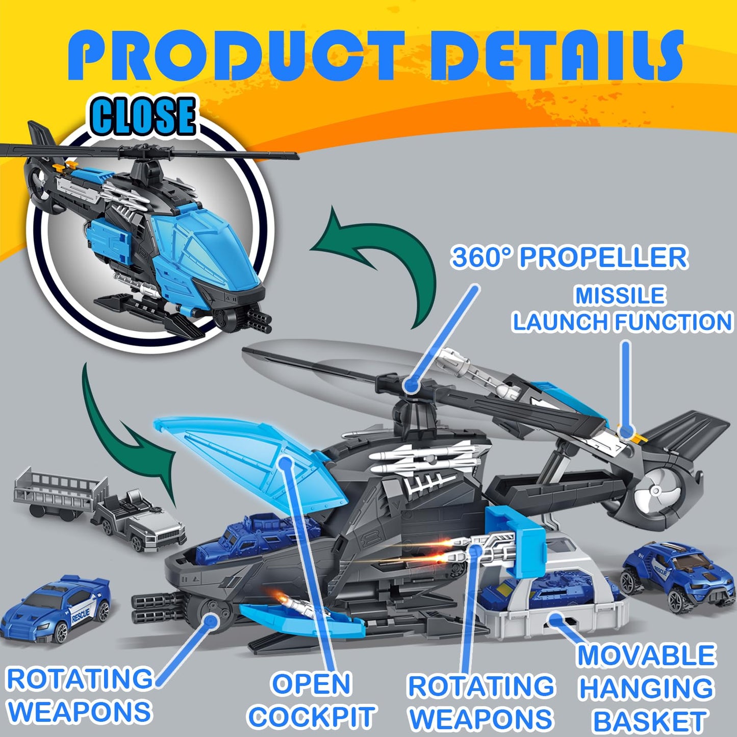 Frontoytall Police Rescue Helicopter Toy Set for Kids 3-8, Transport Cargo Helicopter with 3 Police Cars & Truck, Rotating Blades, Storage Cabin, STEM Learning Toys Gift for Boys Girls