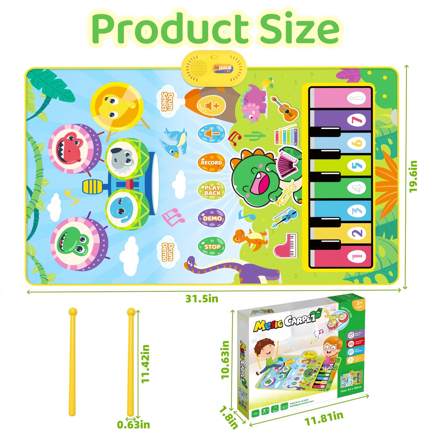 Baby Toys for 0-6 months, Dinosaur Musical Mat Montessori Sensor Toys 1 Year Old, Sensory Early Educational Musical Learning Toys, Christmas Birthday Easter Gifts for 2 3 4 Year Old Toddler Boys Girls