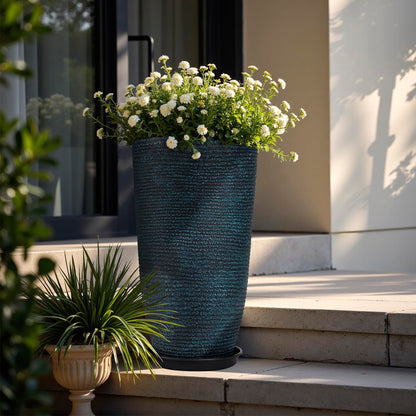 QCQHDU Set of 2 Large Tall Blue Planters with Saucer - 9 Gallon 12" Diameter x 21" H Faux Stone Round Pots for Indoor Plants, Outdoor Patio & Porch Decor, Heavy Duty Weatherproof Plant Containers