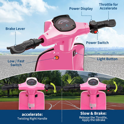 24V Moped Scooter for Kids - Electric Motorcycle for Kids - Electric Scooter with Seat for Children - Ride on Toy with LED Light for Girls