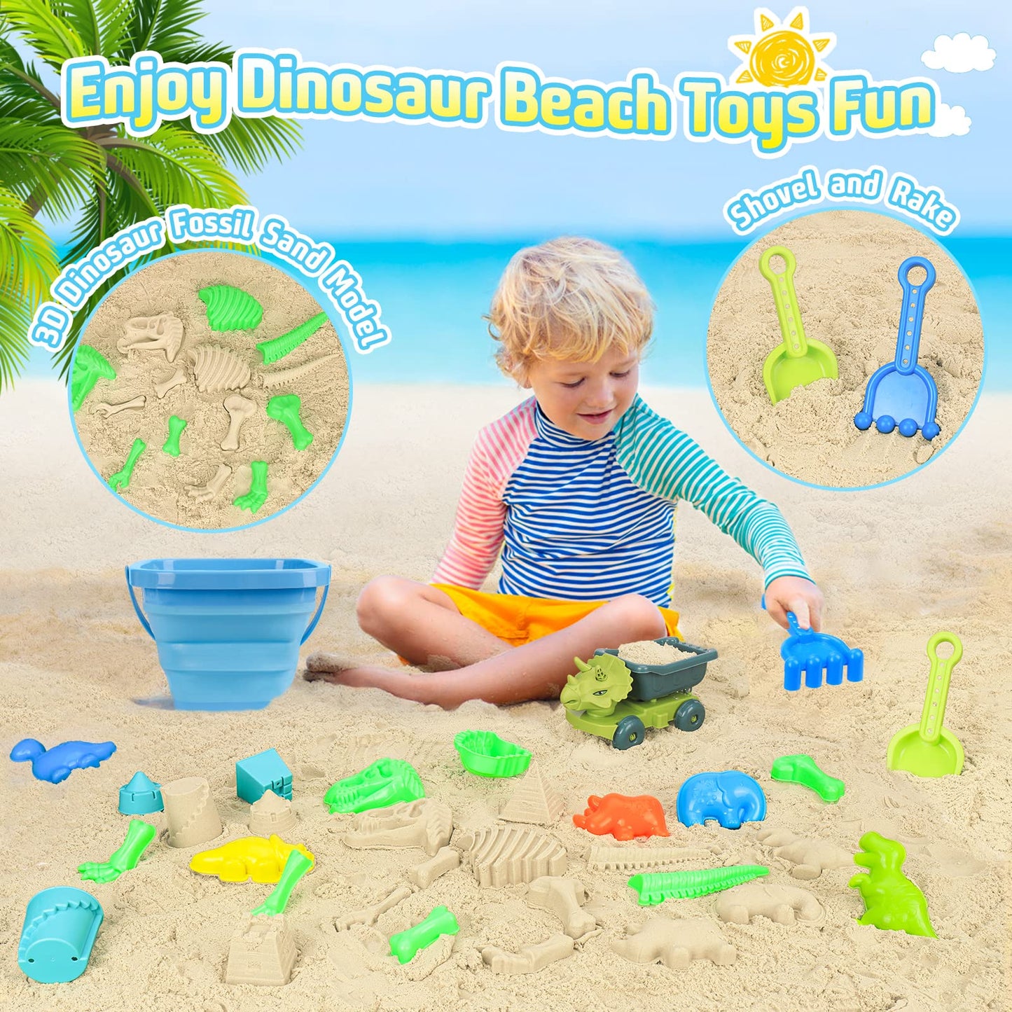 FUSPWEAO Beach Toys, Dinosaur Sand Toys with Dump Truck and Collapsible Beach Bucket, Shovel and Rake, Mesh Bag, Animal Dinosaur Sand Molds, Sand Castle Toy, Sandbox Toys for Toddlers Kids Boys