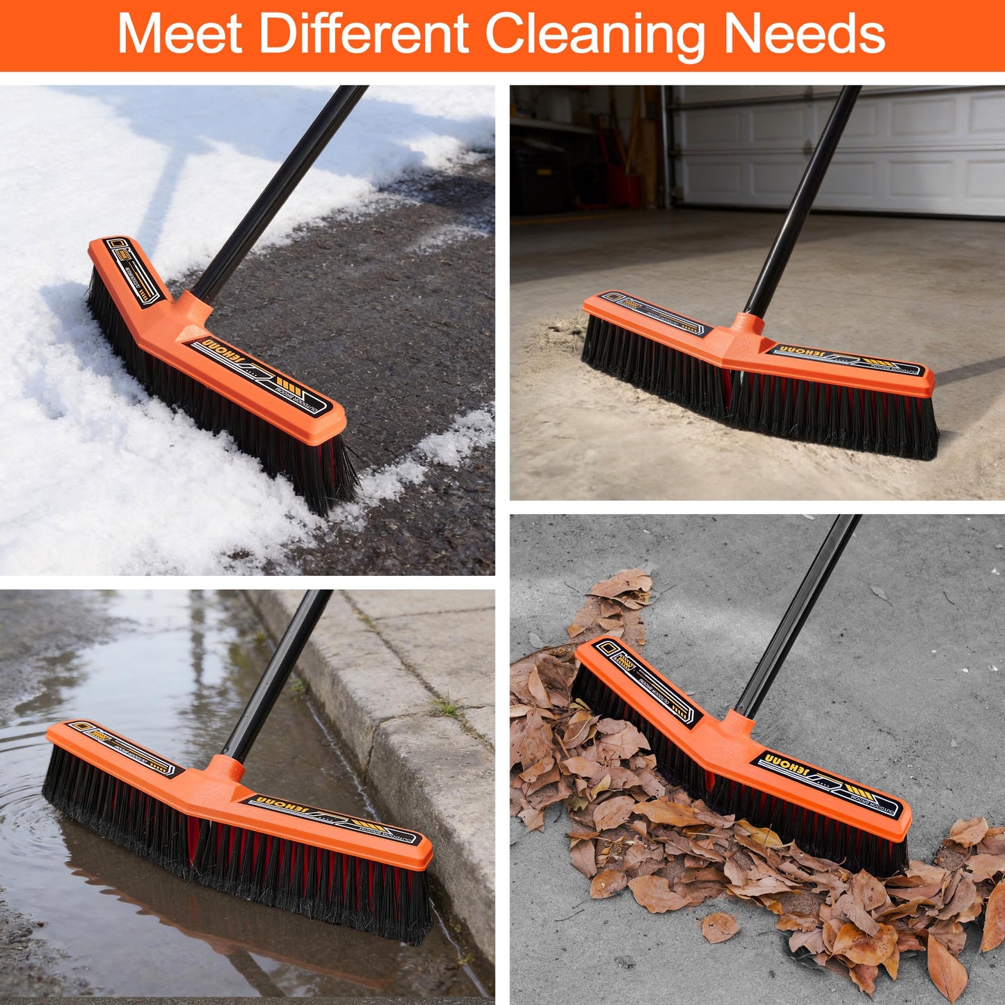 JEHONN Push Broom Outdoor Heavy Duty, 15.7 inches V-Shaped Stiff Bristle Commercial Industrial Brush with 61” Long Handle for Garage Warehouse Shop Garden Patio Driveway Yard Street Deck (Orange)