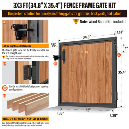 WOWACE 3x3FT Fence Gate Frame Kit 201 Stainless Steel Heavy Duty Garden Gates Anti-Sag Backyard Front Gate Reinforcement Hardware, Left/Right Mount (No Wood Planks Included)