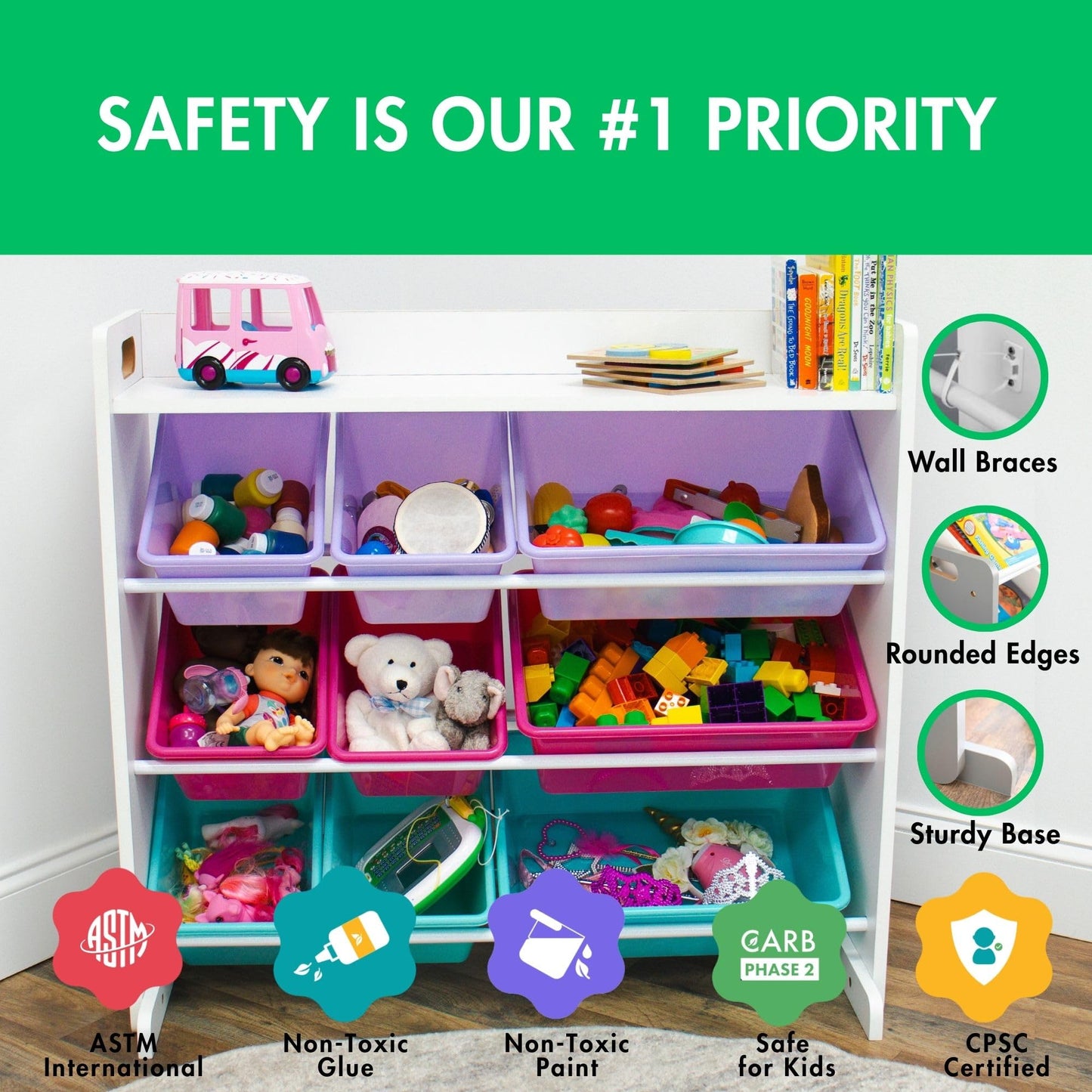 Humble Crew Toy Storage Organizer with 9 Removable Storage Bins for Kids Playroom, 3-Tier with Top Shelf Toddler Toy Organization, White/Pink/Purple/Aqua