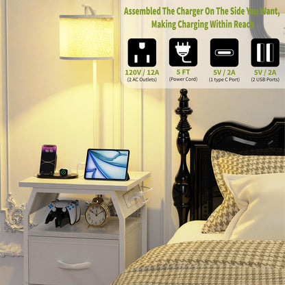 runjuly Floor Lamp with Table, End Tables with Lamps Attached 3-Color Temperature Bulb, Side Table with Lamp with 2 Drawers & Charging, Lamps Tables Combo for Bedroom, Dorm, Apartment - White