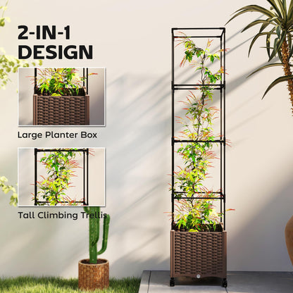 Outsunny Raised Garden Bed with Trellis, 71.7" Tomato Cage with Lockable Wheels, Self Watering Outdoor Planter Box with Drainage Holes and Plugs for Climbing Plants, Vines, Vegetables, Flowers, Brown