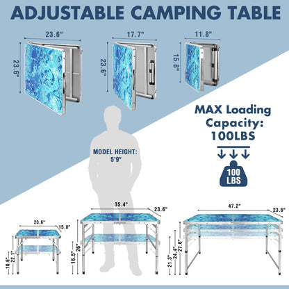 VILLEY Folding Camping Table 3FT, Adjustable Height Portable Aluminum Table with Handle, Lightweight Foldable Table for Outdoor Picnic BBQ Travel Camping Indoor Use