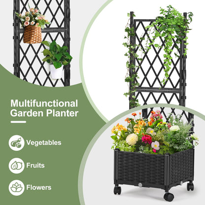 FOLLOOK Planter Box with Trellis, 4ft Tall Self-Watering Plastic Raised Garden Beds and Lattice Trellis with Lockable Wheels & Drain Plug for Outdoor Patio Backyard Balcony, Black, 1 Pc