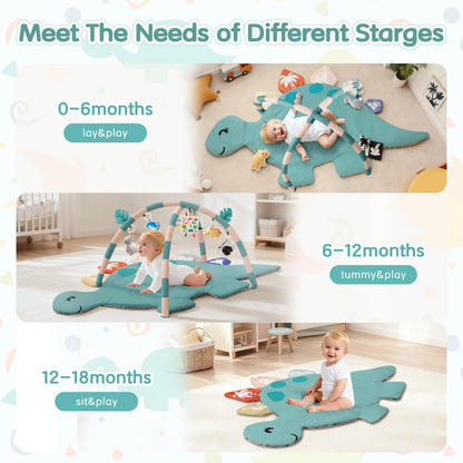 Baby Tummy Time Mat, Oversize Dinosaur Shaped Baby Play Gym Mat with 6 Toys, Play Mat for Babies 0-6-12 Months Promotes Motor Skills & Sensory Development, Newborn Essentials Infant Shower Gift