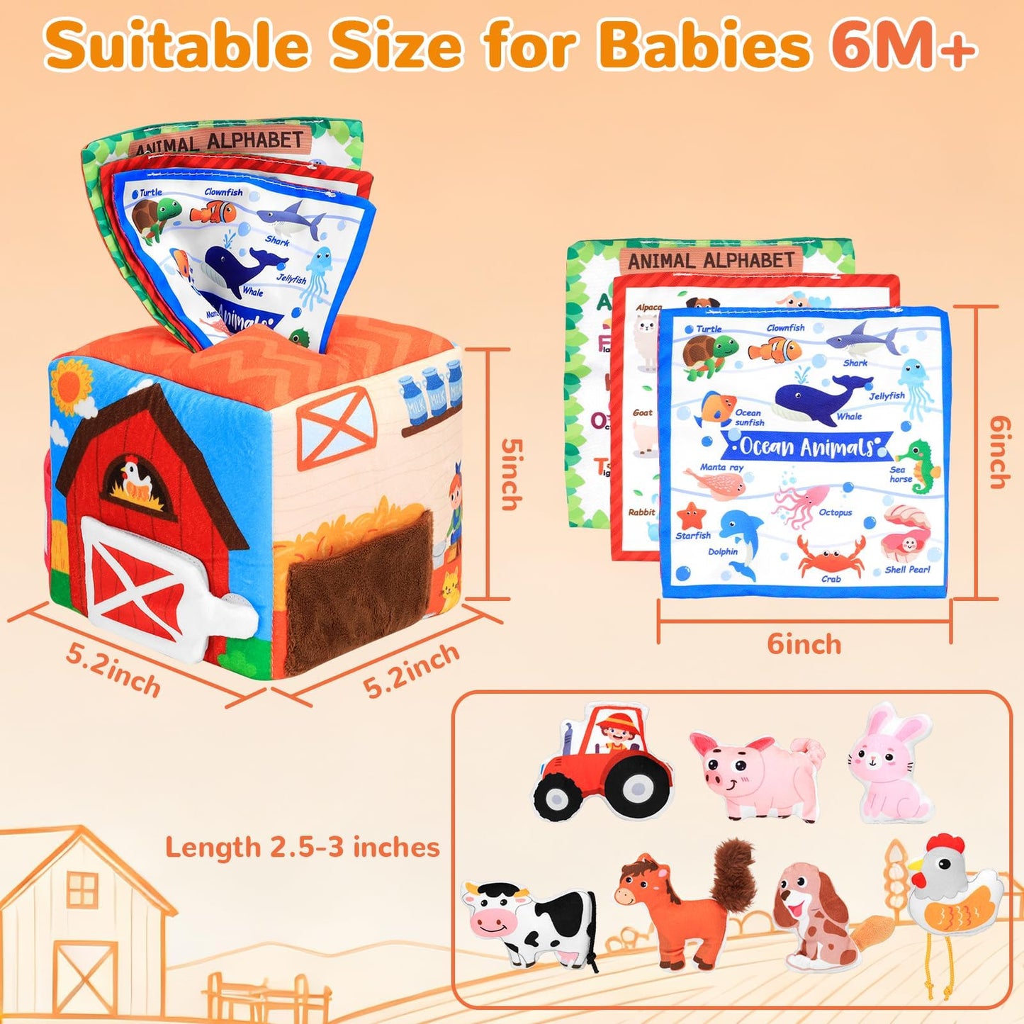 MPQMPQ Baby Tissue Box Toy Farm Crink Plush,Whats Inside Box Montessori Toys with Rattle,Crinkle,Mirror for Babies 6 9 12 18 Months Early Developmental Infant Sensory Learning Toys Newborn Gifts