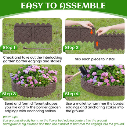 30-Pack Weaving Flower Bed Garden Edging Borders (30 FT) - No Dig Border Edgings with 8.5” Anchor Stakes & Interlocking Design-Thickened Borders for Lawns, Flower Beds & Landscaping
