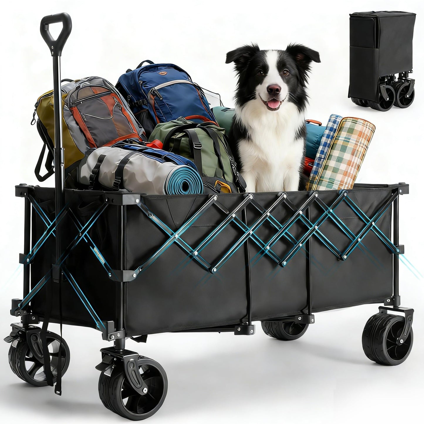 OLIXIS Collapsible Wagon Cart - 440lbs Foldable Extra Long Heavy Duty Utility Wagon with Wheels, Portable Storage Grocery Cart for Camping, Shopping, Sports, Beach, Garden (Black, 48" L)