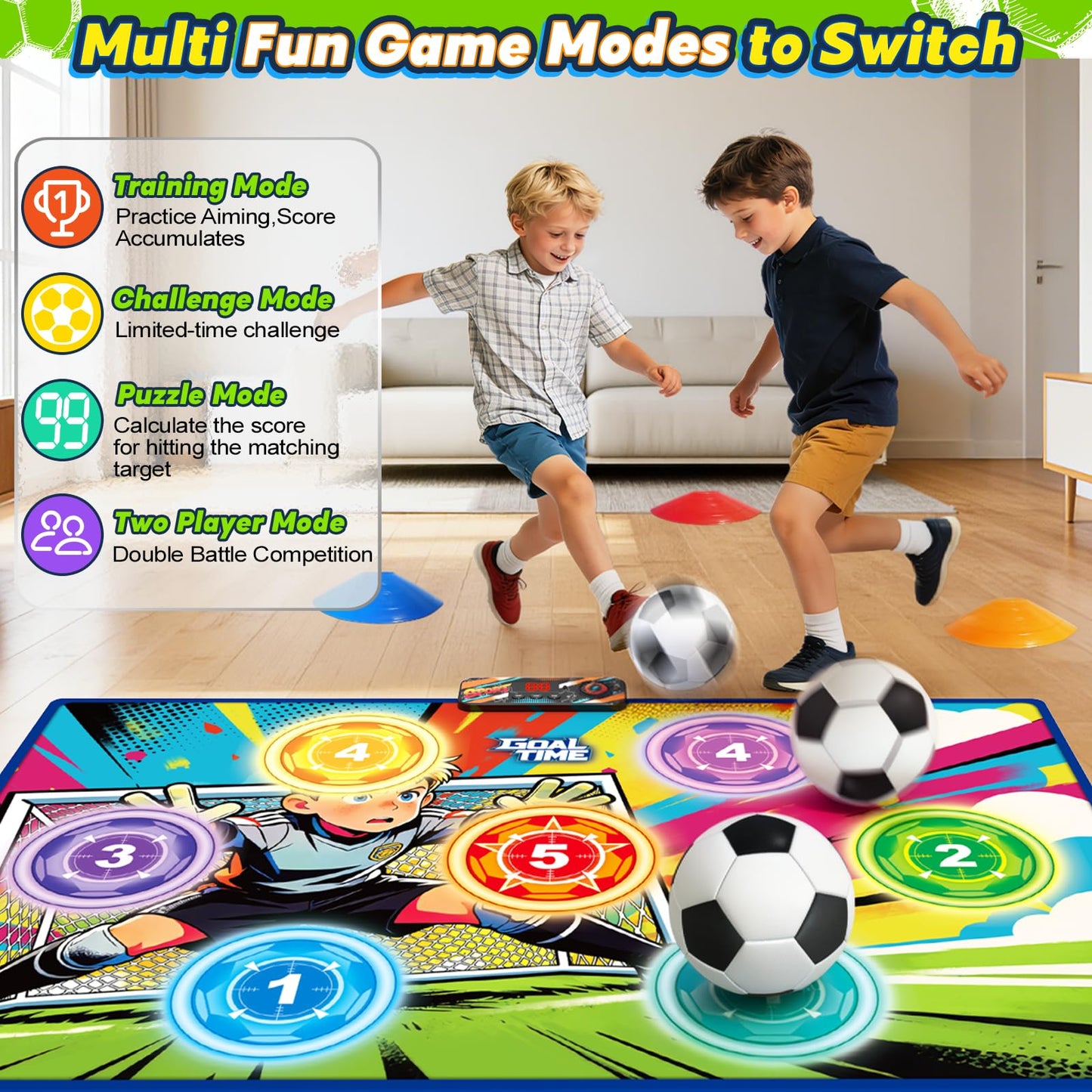 Electronic Scoring Soccer Toy Game Set for Kids with 5 Training Disc&2 Soft Balls,Indoor Outdoor Soccer Target Game Real-time Scoring 3 Modes Birthday Gifts for 3 4 5 6 7 8 9 10+ Years Old Boys Girls