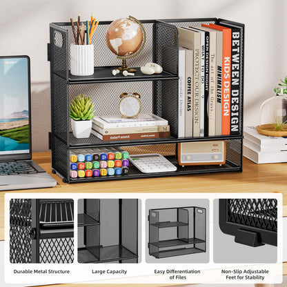 Marbrasse 3-Tier Desk Shelf Organizer with Handle, Desktop Bookshelf File Holder, Mesh Display Shelf Organizer Storage Rack for Office, Home, Supplies, Kitchen (Black)