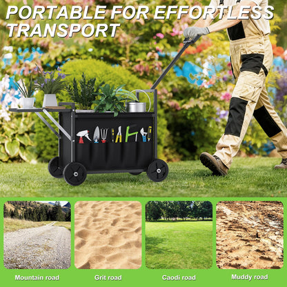 Garden Seat with Wheels, Garden Cart with Seat, 400 lbs Garden Rolling Stools with Wheels for Seniors, Rolling Utility Cart with Large Storage, Foldable Side Trays, for Patio, Lawn, Backyard Gardening