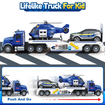 SpringFlower 21" Semi Truck Toy, 3 4 5 6 Year Old Boys Toddlers Police Truck Toy with Racing Car and Helicopter, 3 in 1 Police Car Toy, Birthday Gifts for Kids Child 3 4 5 6 Years Old