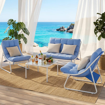 Jocoevol Patio Furniture Set, 4-Piece Outdoor Patio Conversation Set, 2-in-1 Metal Patio Sofa Sets with Cushions & Glass Coffee Tablefor Backyard, Garden, Porch, Poolside, White & Blue
