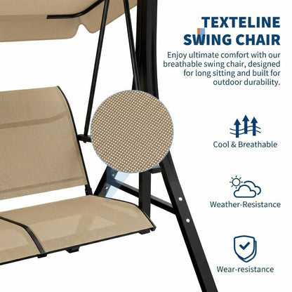 GarveeLife 3-Seat Patio Swing Chair, Outdoor Porch Hanging Chairs with Adjustable Canopy and Armrests, Breathable Textilene Fabric Seat & Backrest, Swing Bench for Garden, Poolside, Backyard, Beige