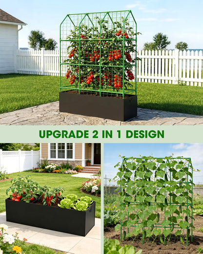 65" Cucumber Planter with Trellis for Climbing Plants Outdoor, Metal Garden Trellis for Raised Bed, Plant Support Structures with Netting for Cucumbers Tomatoes Beans Peas (50 * 17 * 65inch(L*W*H)