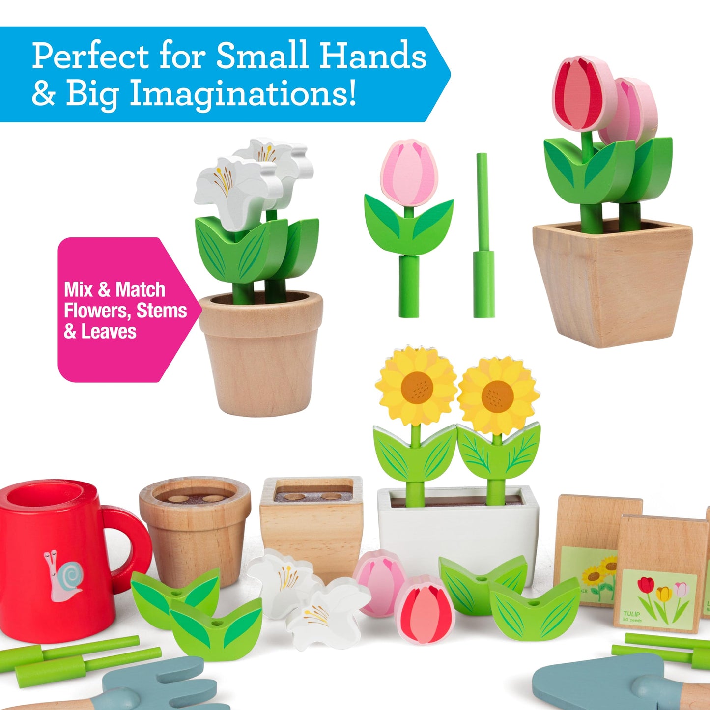 Bloom & Grow Gardening Center Wooden Toy Indoor Playset- 22 Pc Garden Stand Set w Flowers, Seed Packet, Pots Shovel Rake Apron Watering Pot- Interactive Fun Pretend Playtime Activity, Kids Summer Gift