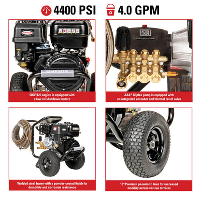 Simpson 4400 PSI Gas Pressure Washer, 4.0 GPM Commercial Power Washer, Cold Water, 50' Hose, PowerShot, 49-State Compliant (PS60843) - Black