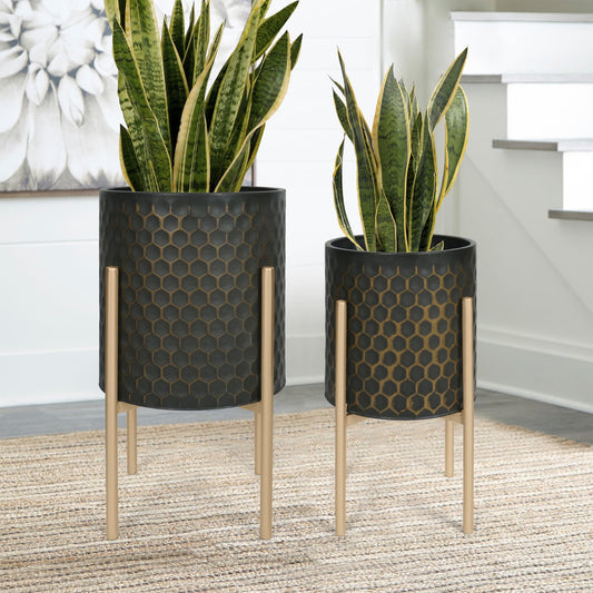 Oakrain Mid Century Planters for Indoor Plants, Set of 2, Modern Decorative Metal Pots for Living Room, Office, Garden or Balcony, Black&Golden Honeycomb, 10" &12"