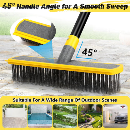 Heavy Duty Broom Wire Floor Scrub Brush with Long Handle, 2 in 1 Scrape and Stainless Steel Bristle Brooms Scrubber for Deck Concrete Patio Outdoor Moss Removal