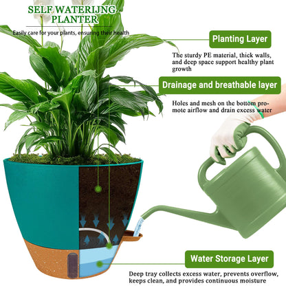 Fielda 8/10/12 Inch Self Watering Pots for Indoor/Outdoor Plants - Large Plastic Planter with Drainage Holes, Water Level Indicator & Deep Reservoir, Modern Decorative Flower Pots (Turquoise)