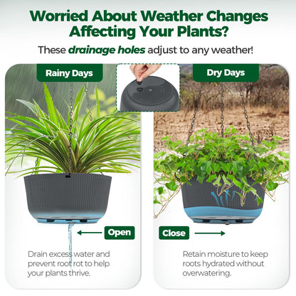 T4U 12 Inch Large Hanging Planters for Outdoor Plants, 2 Pack Self Watering Pots Indoor, Hanging Baskets for Plants,Hanging Flower Pot with Drainage Hole and Plant Hanger, Grey