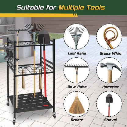 THESEATOP Garden Tool Organizer, 3-Tier Yard Tool Storage Rack with 35 Slots & 3 Hooks, Heavy Duty Garage Organizer for Shovels, Rakes & Brooms (33.6" x 11.5" x 17")