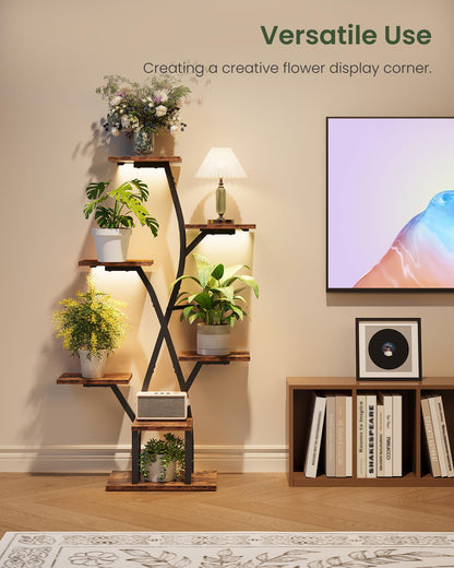 CHOEZON Plant Stand Indoor with Grow Light, 7-Tier Flower Plant Holder, 46.5” Tall Corner Plant Display Rack, Dimmable Grow Light with Timer, Rustic Brown and Black TCJ40DBF